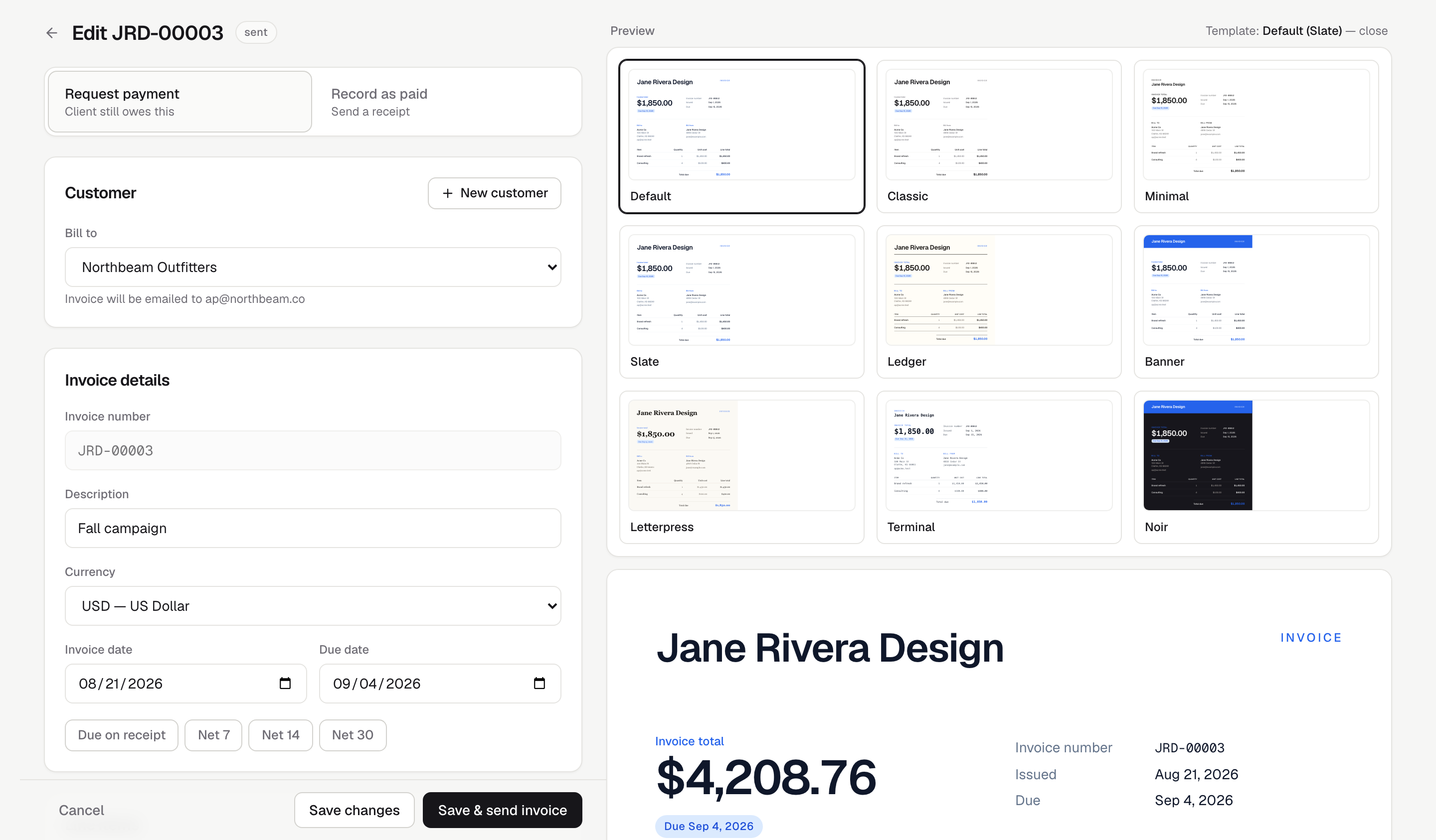 Pmnts invoice editor with the form on the left, a live invoice preview on the right, and the template picker open